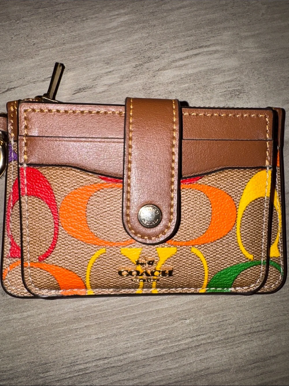 COACH Brown Signature Card Case with Rainbow C and Keyring & Dusty
